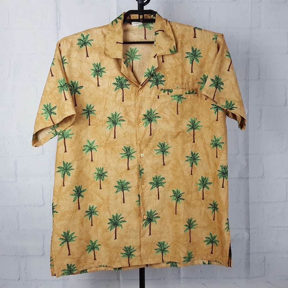 Rima Mens L Tan w/ Palm Trees Short Sleeve Shirt